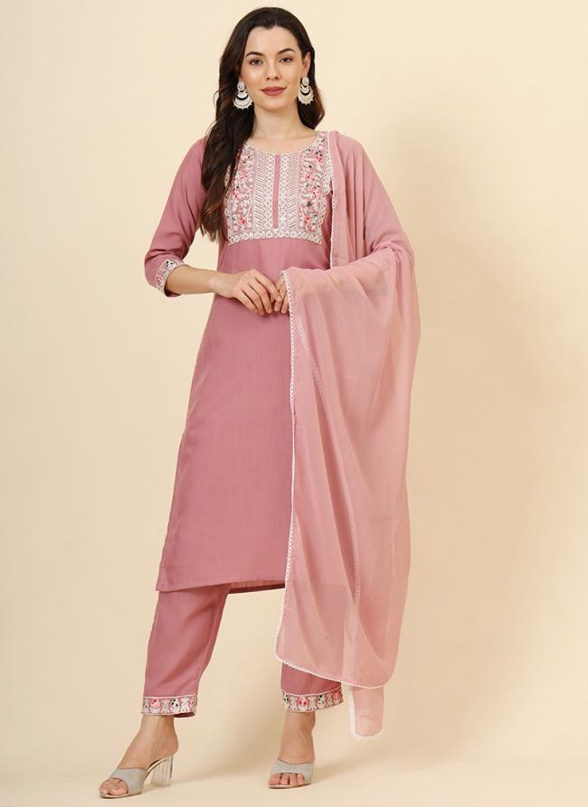 Cotton Pink Casual Wear Embroidery Work Readymade Kurti Set